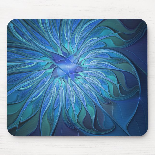 Blue Flower Fantasy Pattern, Abstract Fractal Art Mouse Pad (Front)