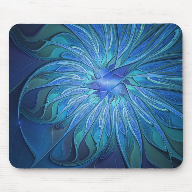 Blue Flower Fantasy Pattern, Abstract Fractal Art Mouse Pad (Front)