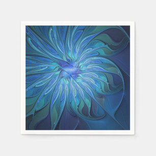 Blue Flower Fantasy Pattern, Abstract Fractal Art Napkins