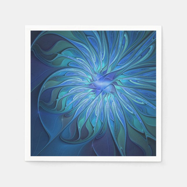 Blue Flower Fantasy Pattern, Abstract Fractal Art Napkins (Front)