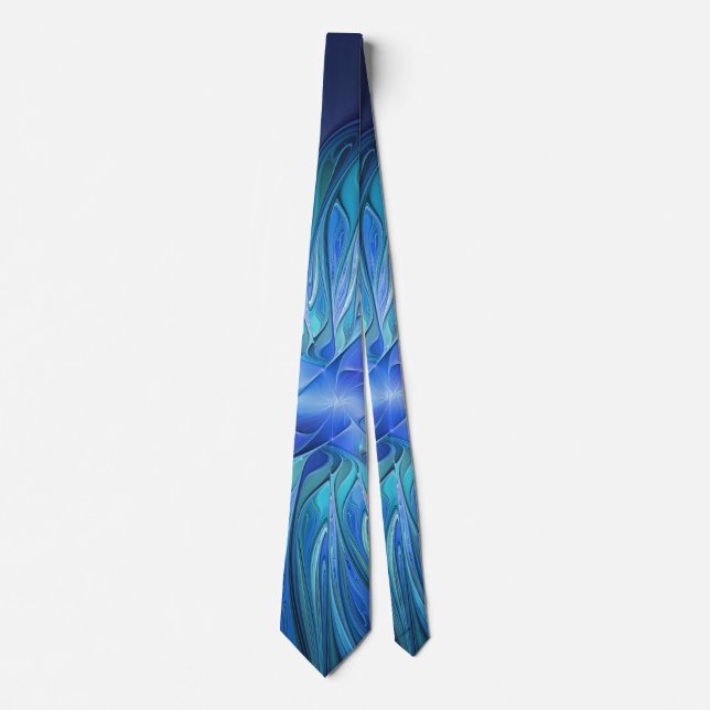 Blue Flower Fantasy Pattern, Abstract Fractal Art Neck Tie (Front)