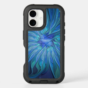 Blue Flower Fantasy Pattern, Abstract Fractal Art iPhone 16 Case