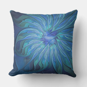 Blue Flower Fantasy Pattern, Abstract Fractal Art Outdoor Pillow