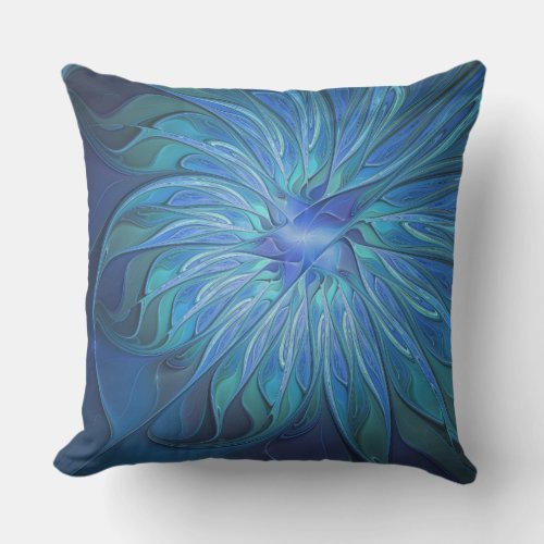 Blue Flower Fantasy Pattern Abstract Fractal Art Outdoor Pillow