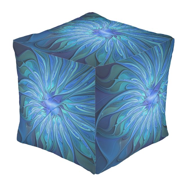Blue Flower Fantasy Pattern, Abstract Fractal Art Outdoor Pouf (Angled Front)