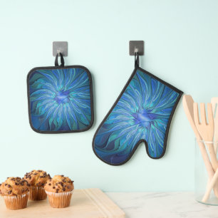 Blue Flower Fantasy Pattern, Abstract Fractal Art Oven Mitt & Pot Holder Set