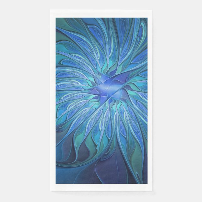 Blue Flower Fantasy Pattern, Abstract Fractal Art Paper Guest Towels (Front)