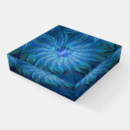 Blue Flower Fantasy Pattern, Abstract Fractal Art Paperweight