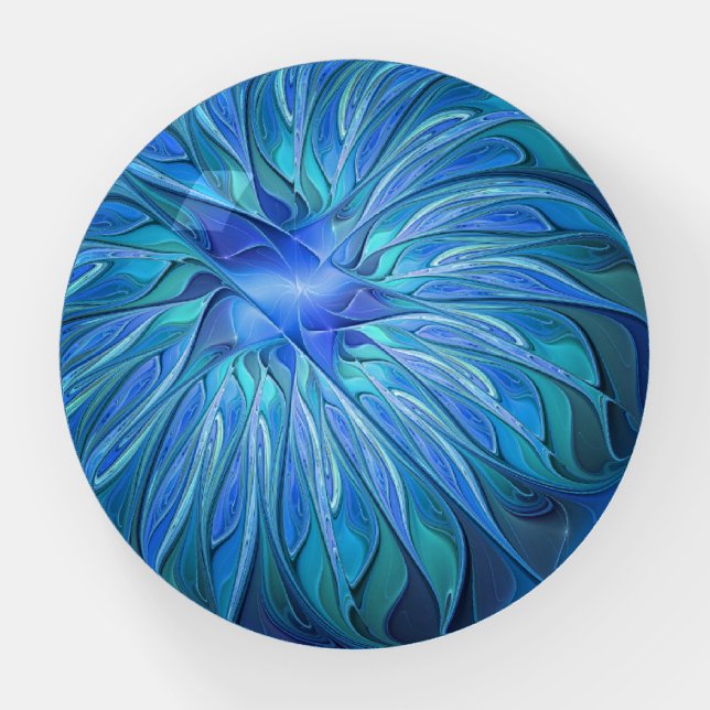 Blue Flower Fantasy Pattern, Abstract Fractal Art Paperweight (Front)
