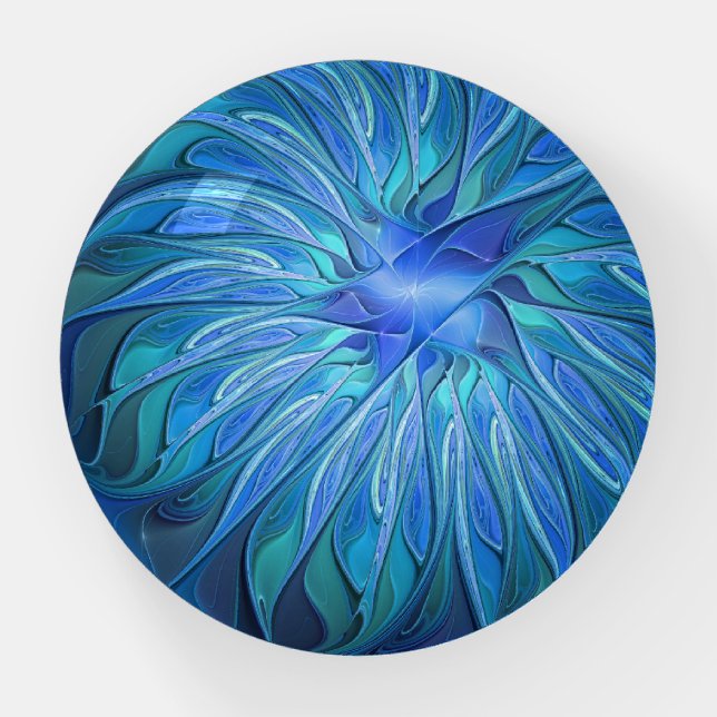 Blue Flower Fantasy Pattern, Abstract Fractal Art Paperweight (Front)
