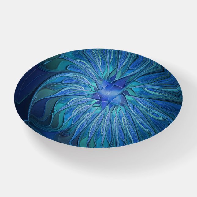 Blue Flower Fantasy Pattern, Abstract Fractal Art Paperweight (Front)