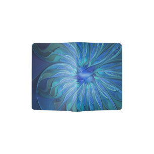 Blue Flower Fantasy Pattern, Abstract Fractal Art Passport Holder