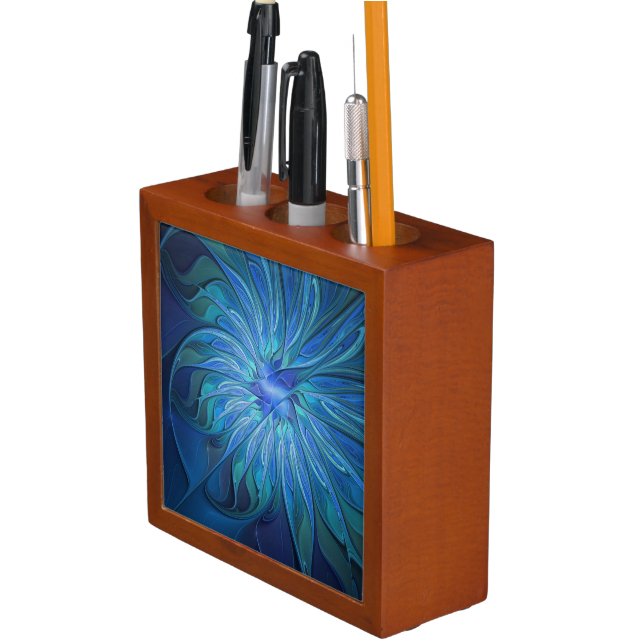 Blue Flower Fantasy Pattern, Abstract Fractal Art Pencil/Pen Holder (In Situ)