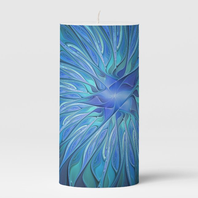 Blue Flower Fantasy Pattern, Abstract Fractal Art Pillar Candle (Front)
