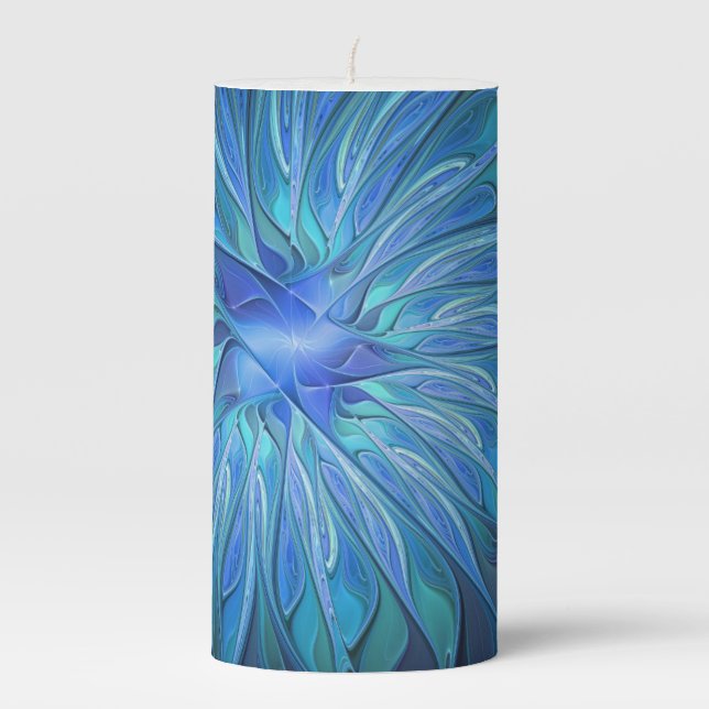 Blue Flower Fantasy Pattern, Abstract Fractal Art Pillar Candle (Front)