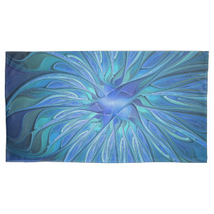 Blue Flower Fantasy Pattern, Abstract Fractal Art Pillow Case