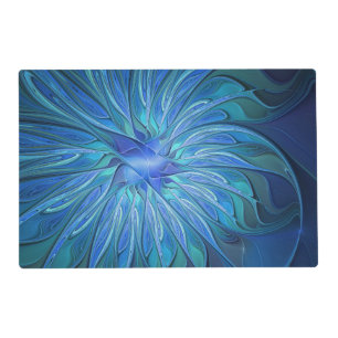 Blue Flower Fantasy Pattern, Abstract Fractal Art Placemat