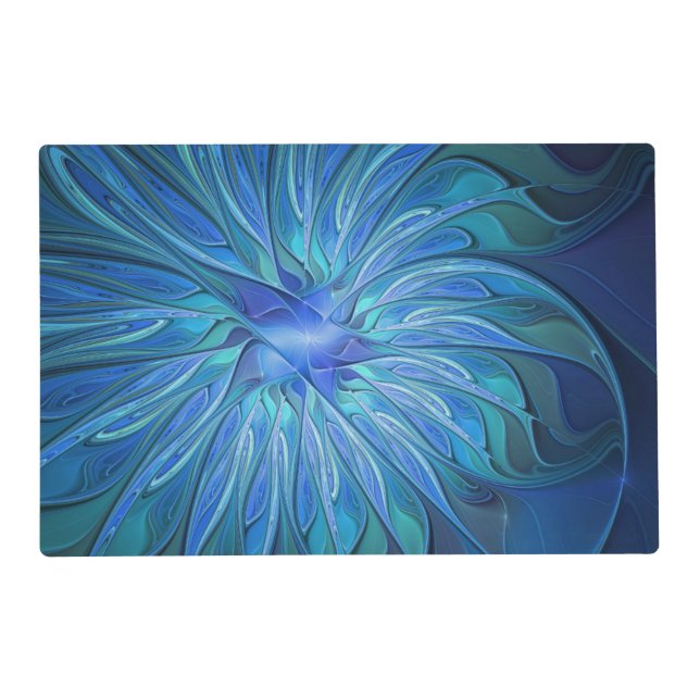 Blue Flower Fantasy Pattern, Abstract Fractal Art Placemat (Front)