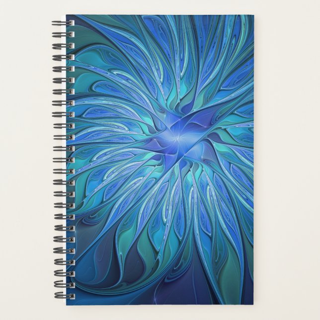 Blue Flower Fantasy Pattern, Abstract Fractal Art Planner (Front)