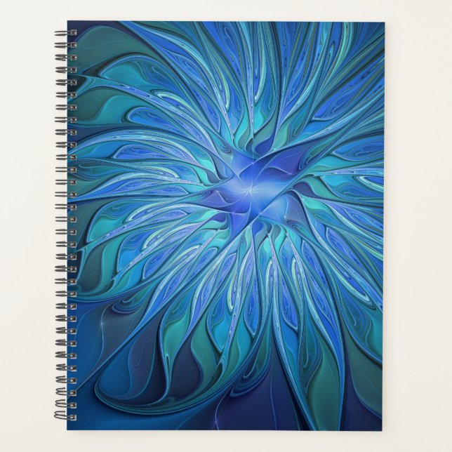 Blue Flower Fantasy Pattern, Abstract Fractal Art Planner (Front)