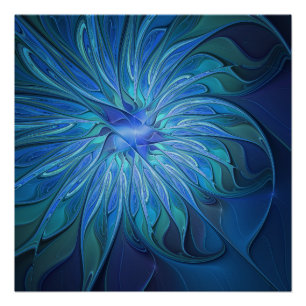 Blue Flower Fantasy Pattern, Abstract Fractal Art Poster