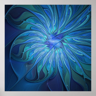 Blue Flower Fantasy Pattern, Abstract Fractal Art Poster