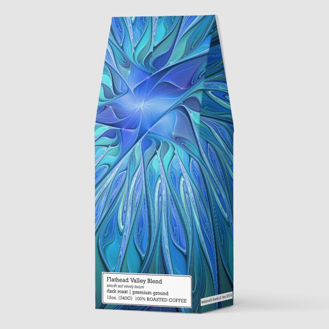 Blue Flower Fantasy Pattern, Abstract Fractal Art Roasted Coffee (Front)