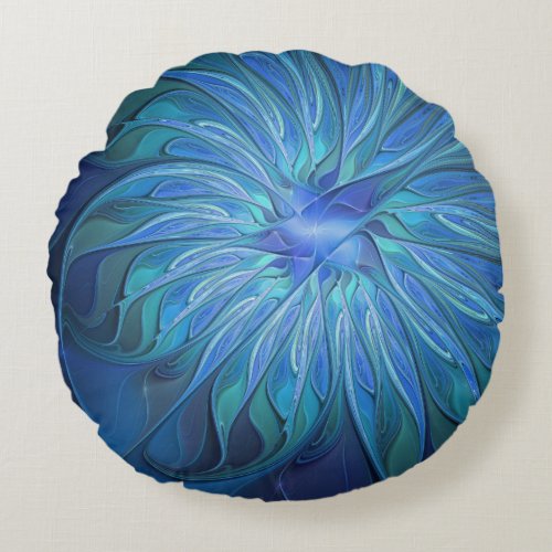 Blue Flower Fantasy Pattern Abstract Fractal Art Round Pillow