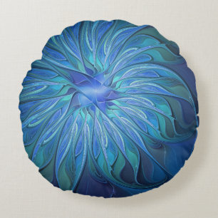 Blue Flower Fantasy Pattern, Abstract Fractal Art Round Pillow
