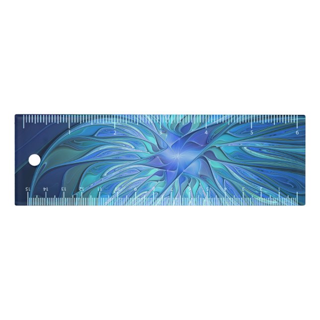 Blue Flower Fantasy Pattern, Abstract Fractal Art Ruler (Front)