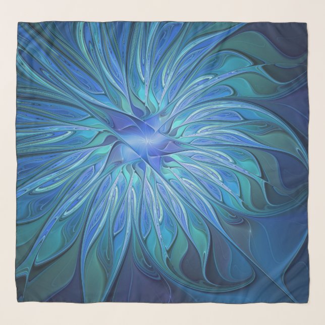 Blue Flower Fantasy Pattern, Abstract Fractal Art Scarf (Front)