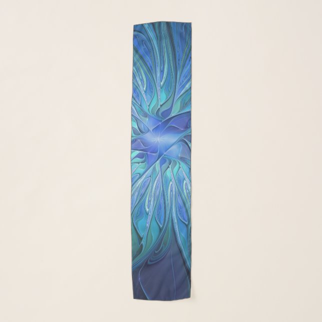 Blue Flower Fantasy Pattern, Abstract Fractal Art Scarf (Front)