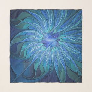 Blue Flower Fantasy Pattern, Abstract Fractal Art Scarf