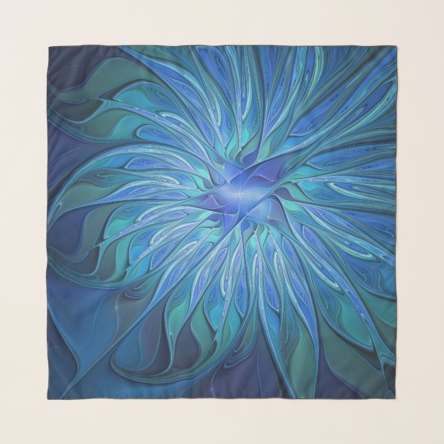 Blue Flower Fantasy Pattern, Abstract Fractal Art Scarf (Front)