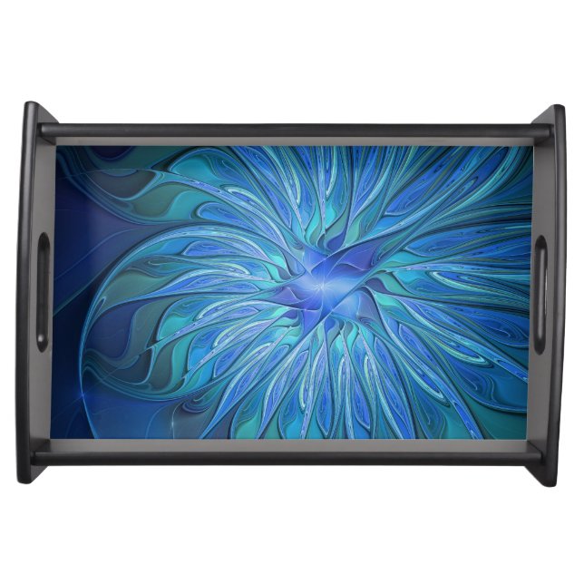 Blue Flower Fantasy Pattern, Abstract Fractal Art Serving Tray (Front)