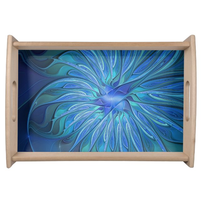 Blue Flower Fantasy Pattern, Abstract Fractal Art Serving Tray (Front)