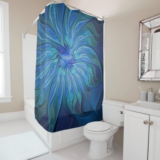 Blue Flower Fantasy Pattern, Abstract Fractal Art Shower Curtain (In Situ)