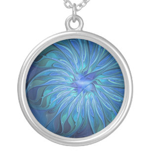 Blue Flower Fantasy Pattern, Abstract Fractal Art Silver Plated Necklace