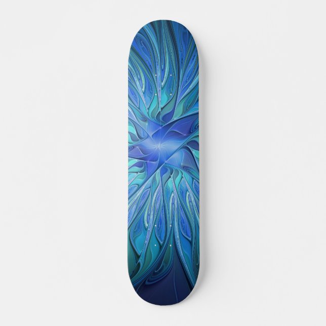 Blue Flower Fantasy Pattern, Abstract Fractal Art Skateboard (Front)