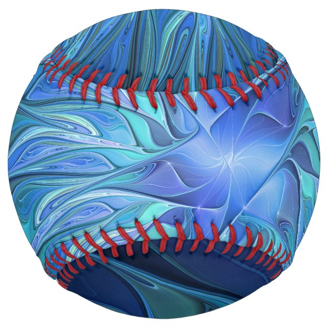 Blue Flower Fantasy Pattern, Abstract Fractal Art Softball (Back)