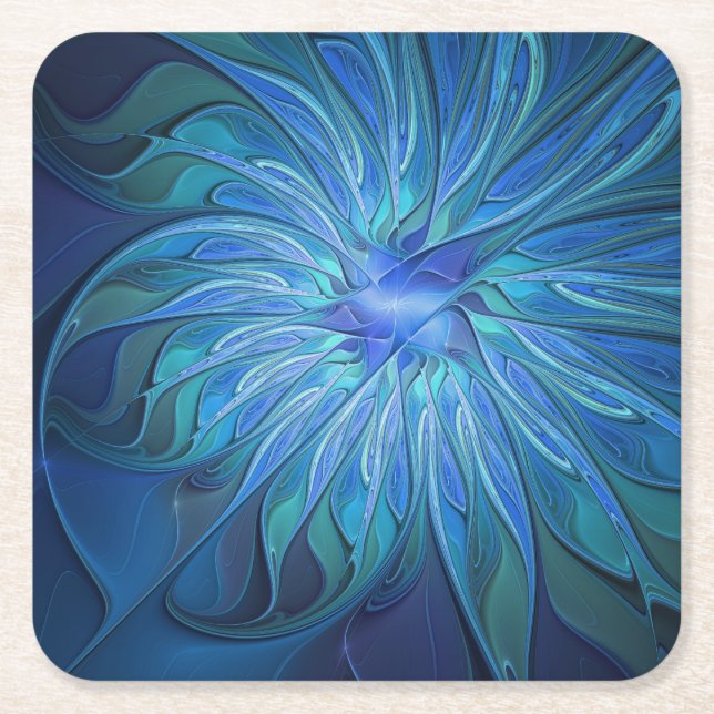 Blue Flower Fantasy Pattern, Abstract Fractal Art Square Paper Coaster (Front)