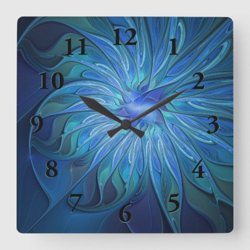 Blue Flower Fantasy Pattern Abstract Fractal Art Square Wall Clock