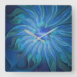 Blue Flower Fantasy Pattern, Abstract Fractal Art Square Wall Clock