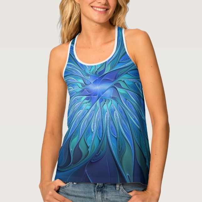 Blue Flower Fantasy Pattern, Abstract Fractal Art Tank Top (Front)