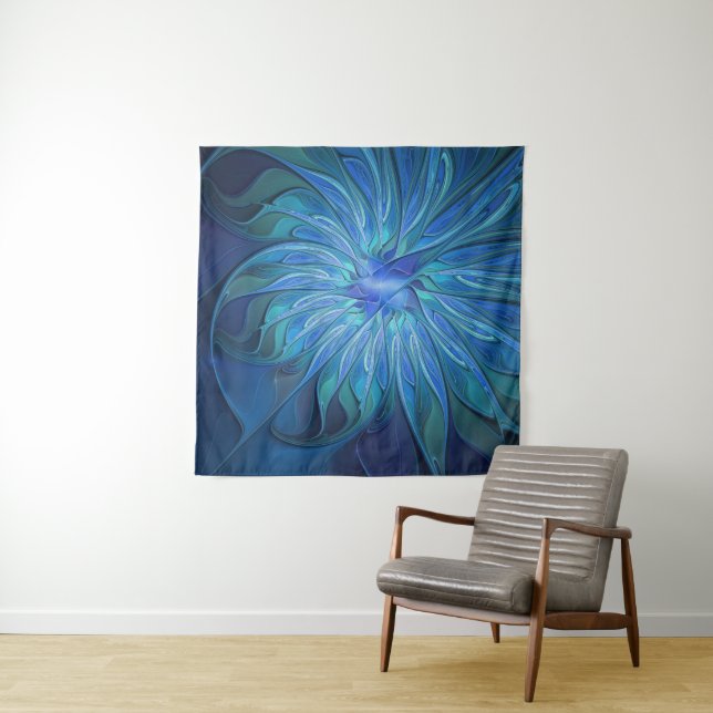 Blue Flower Fantasy Pattern, Abstract Fractal Art Tapestry (In Situ)