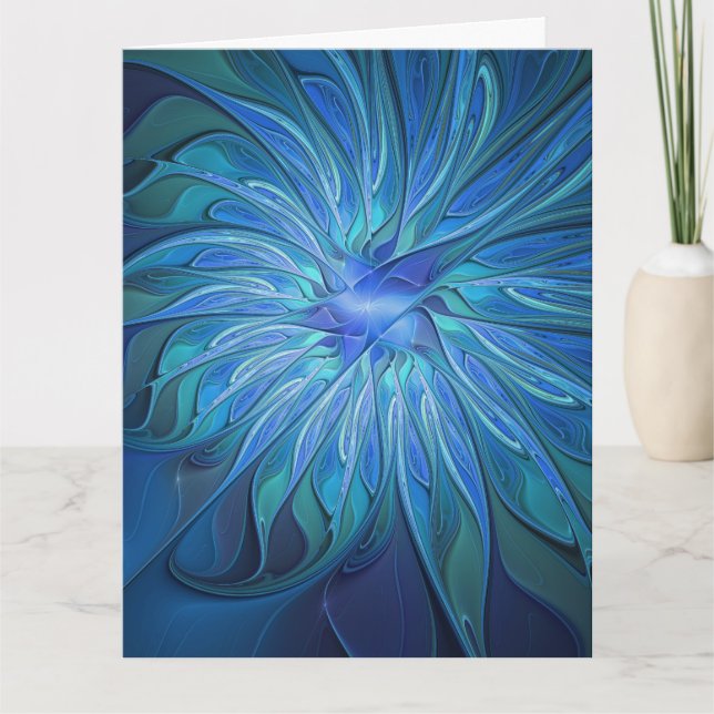 Blue Flower Fantasy Pattern, Abstract Fractal Art Thank You Card (Front)