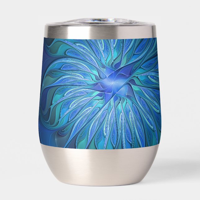 Blue Flower Fantasy Pattern, Abstract Fractal Art Thermal Wine Tumbler (Front)
