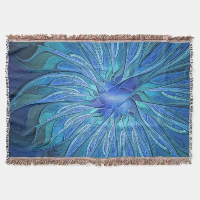 Blue Flower Fantasy Pattern, Abstract Fractal Art Throw Blanket (Front)