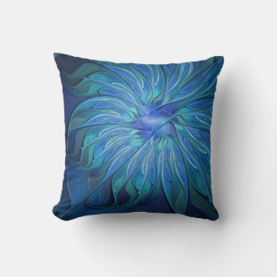 Blue Flower Fantasy Pattern, Abstract Fractal Art Throw Pillow