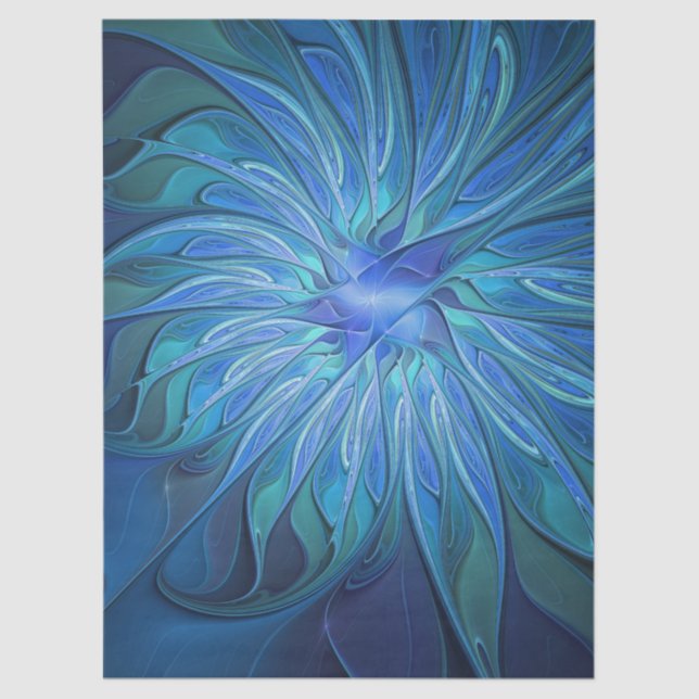 Blue Flower Fantasy Pattern, Abstract Fractal Art Tissue Paper (Front)